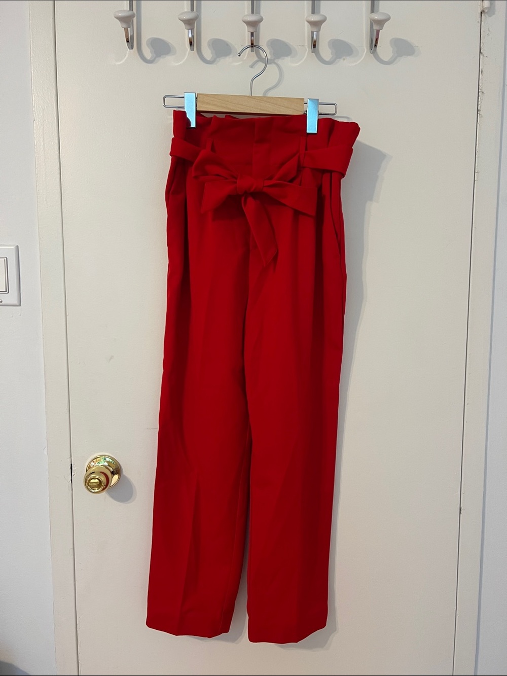H&M Red High-Waist Wide Leg Trousers with Waist Tie